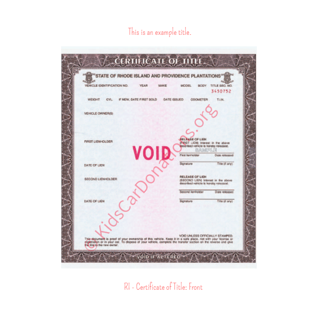 This is an Example of Rhode Island Certificate of Title (Copy 2) Front View | Kids Car Donations